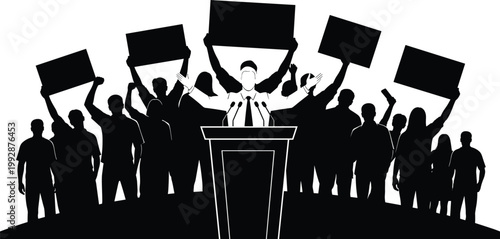 Political Speaker Silhouette at Podium with Crowds of Protesters Holding Blank Signs for Election Campaigns, Social Activism, Public Speeches, and Demonstration Concept Graphics