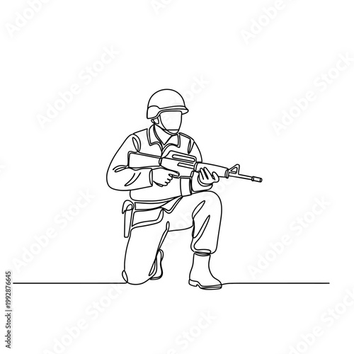 Soldier Kneeling with Rifle in Minimalist Line Art Style