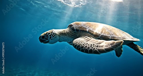 Graceful sea turtle gliding through clear blue ocean waters with sunlight filtering above
