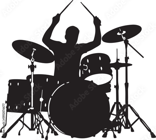 Drummer silhouette, black drum set, music vector icon, musician performance