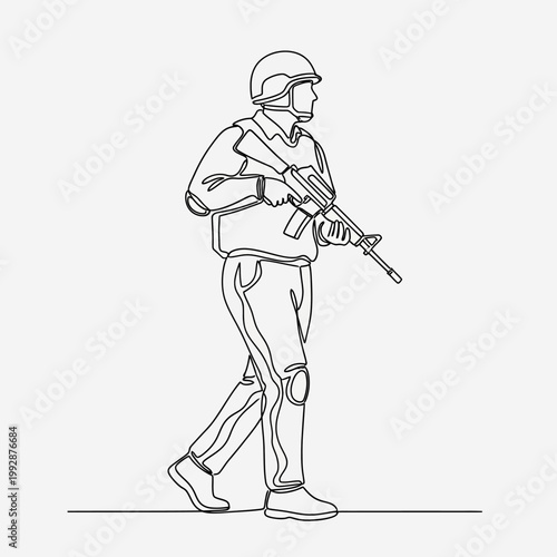 Continuous line drawing of a soldier walking with rifle, minimalist, black and white vector illustration