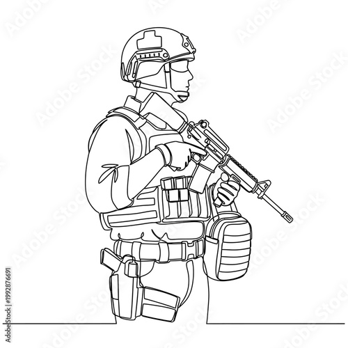Modern Soldier with Rifle, Continuous Line Art Illustration