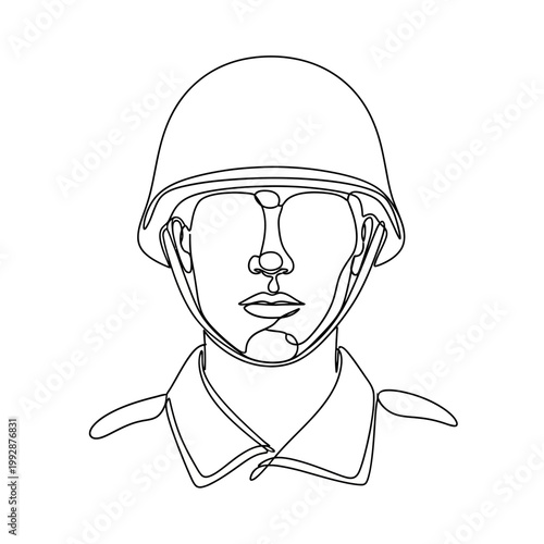 Minimalist Soldier Portrait, Continuous Line Drawing of Military Helmet and Face