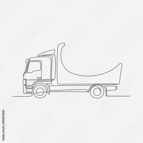 Continuous line drawing of a dump truck in profile, isolated on white background.