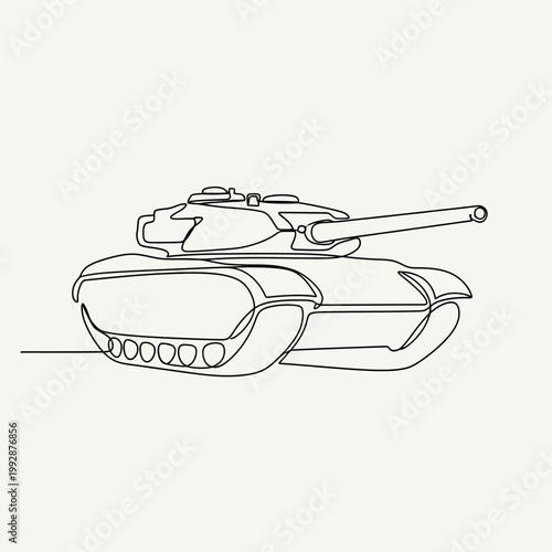 Continuous line drawing of a military tank on a white background, minimalist art.
