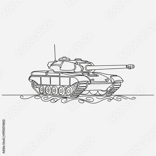 Continuous Line Drawing of a Military Tank with Tracked Wheels on a Wavy Ground