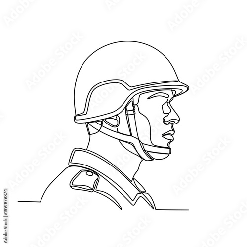 Minimalist Soldier Portrait, Single Line Art, Military Helmet Profile