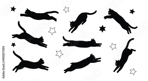Silhouettes of leaping cats and scattered stars on a white background