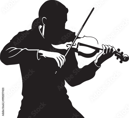 Black silhouette of a man playing violin, music illustration, vector graphics, musical instrument