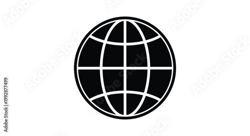 A stark black globe illustration with geographical lines a striking silhouette