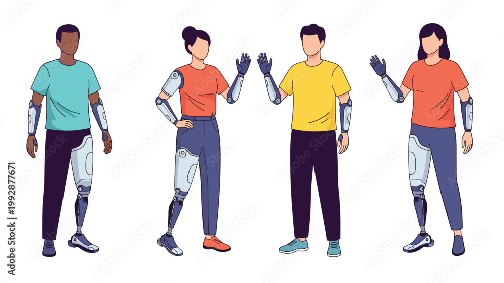 Fototapeta premium Group of diverse people standing together showing their functional bionic prosthetic arms and legs in a flat design style.