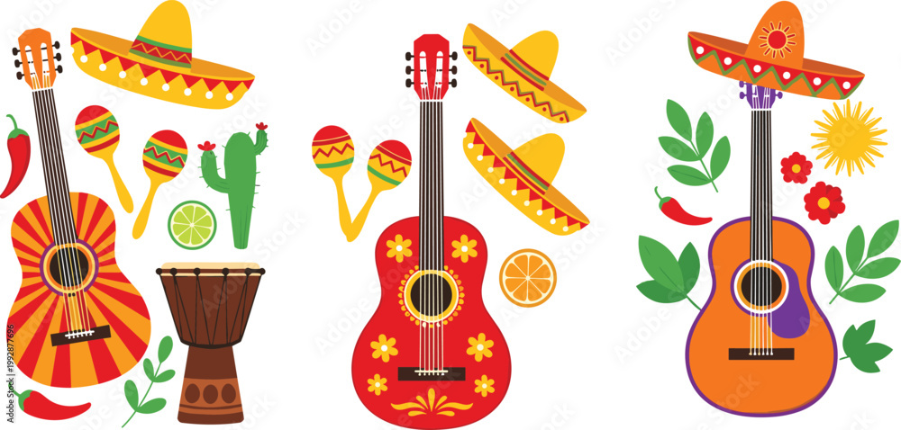 Naklejka premium Mexican culture vector set with guitars, sombreros, maracas, chili peppers, cactus and traditional festive elements in colorful flat illustration style