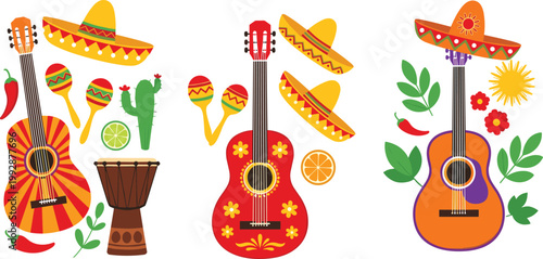 Mexican culture vector set with guitars, sombreros, maracas, chili peppers, cactus and traditional festive elements in colorful flat illustration style