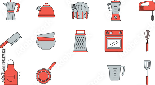 Modern kitchen utensils and appliances vector icon set with cookware tools, blender, oven, whisk, and cooking equipment in flat style