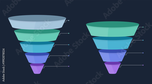 Two sales funnel diagrams with four and five elements for marketing conversion visualization, dark background