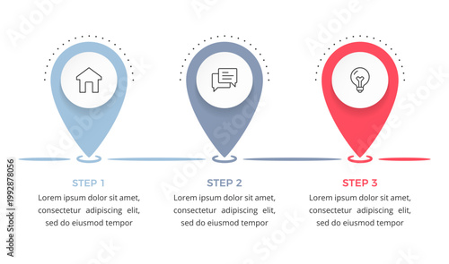 Horizontal process infographic template with three map pointer markers, designed as a clean and professional roadmap for business strategy, project milestones, or workflow sequences