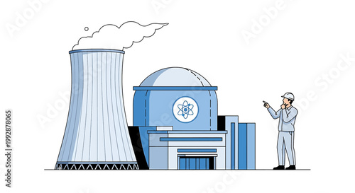 An illustration of a nuclear power plant with a worker standing next to it