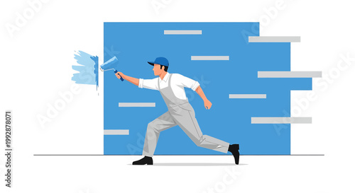 Man in overalls running and painting a wall with a roller