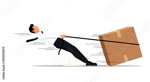 Businessman pulling a large cardboard box with effort and determination