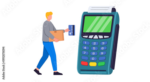 Man holding cardboard box and credit card near a payment terminal