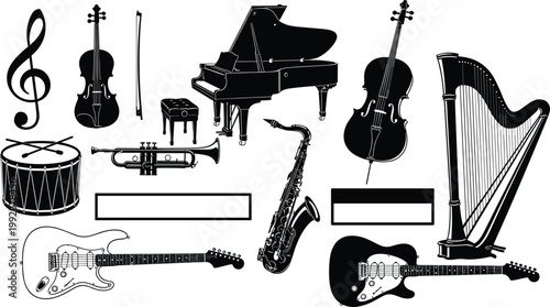 Musical instruments silhouette vector set featuring piano, violin, guitar, saxophone, harp, trumpet and drum in black isolated illustration style