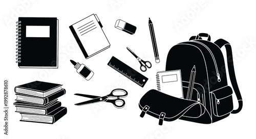Black and white illustration of school supplies and a backpack