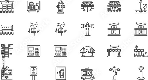 Emergency disaster response vector icons set, flood control, fire safety, seismic sensors, shelters, rescue systems, urban emergency CAD symbols