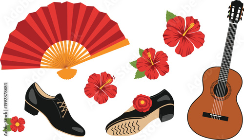 Spanish flamenco elements vector set with fan, guitar, shoes and red flowers in traditional cultural dance theme flat illustration style