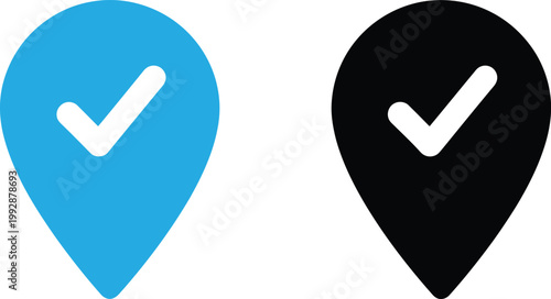 Confirmed location indicators with checkmarks in blue and black pin shapes Vector