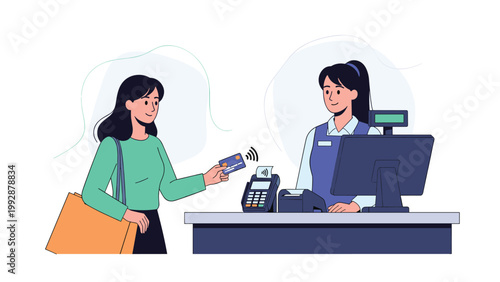 Customer uses a contactless credit card to pay for her groceries at a checkout counter with a friendly cashier behind the register.