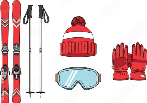 Winter sports equipment vector set with snowboard, ski gear, clothing, accessories and skier with chairlift in colorful flat cartoon illustration style
