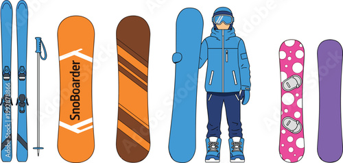 Bild auf Leinwand Winter sports vector set with skis, snowboards and snowboarder character in warm