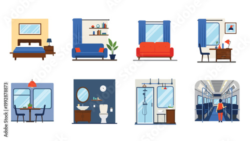 Grid of detailed interior scenes showing a bedroom, living room, office, dining room, bathroom, and public transport compartment.