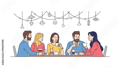 Group of diverse friends sits at a long table in a modern cafe enjoying coffee and drinks under stylish decorative lights.