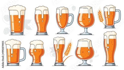 Collection of various beer glass styles filled with cold golden beer and topped with white foam and bubbles against a plain background.