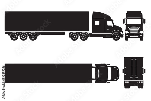 Semi truck silhouette vector set, heavy cargo trailer icons from side front and top view, commercial freight transport vehicle blueprints