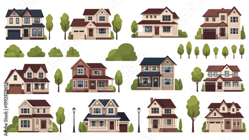 Set of diverse modern suburban residential houses and green trees in a flat vector style isolated on a clean white background.