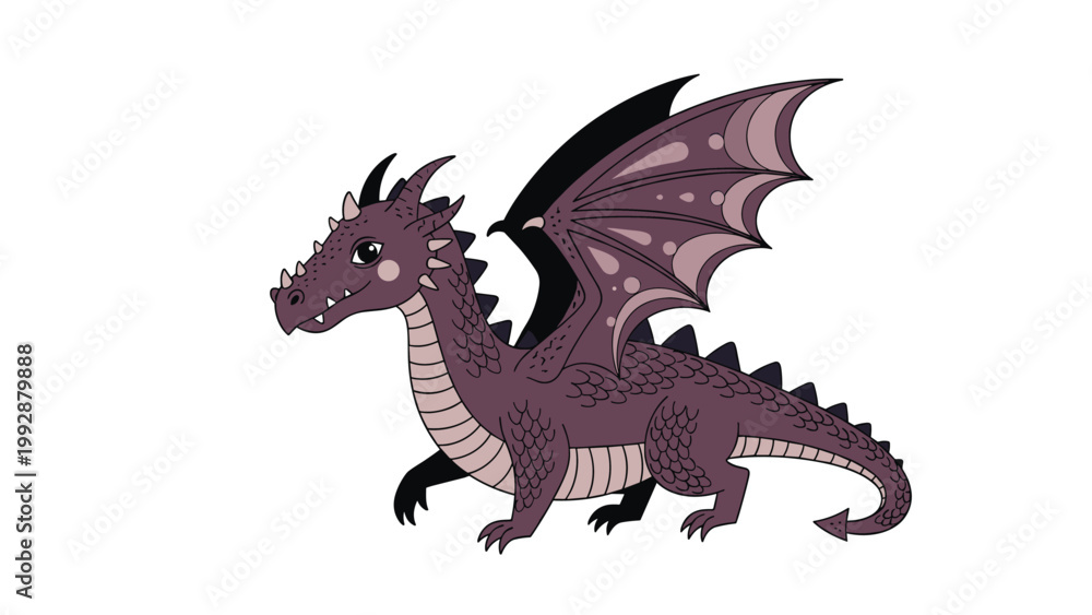 Fototapeta premium Friendly purple dragon character with large wings and horns walking forward in a profile view on a clean white background.