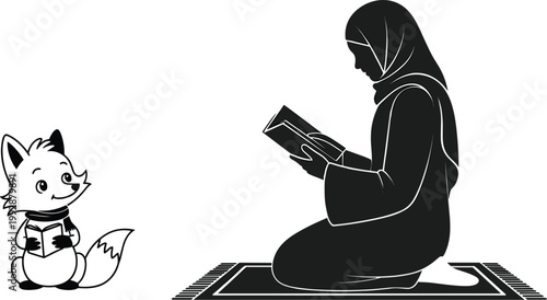 Silhouette of Muslim Woman in Hijab Reading Quran on Prayer Mat with Cute Cartoon Fox Character