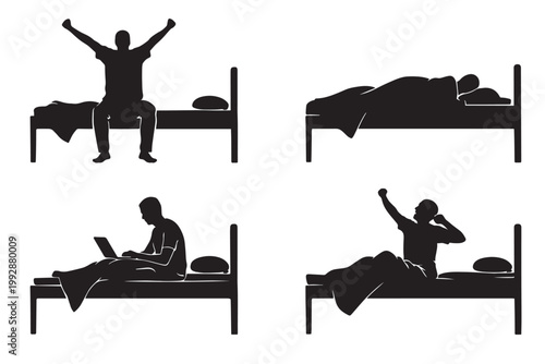 Minimalist sleeping man silhouette set, person waking up and working in bed vector icons, morning routine and sleep cycle illustrations