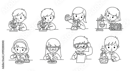 Diverse group of children engaged in various scientific experiments