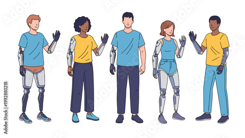 Diverse group of five people with advanced bionic prosthetic arms and legs standing together on a clean white background.