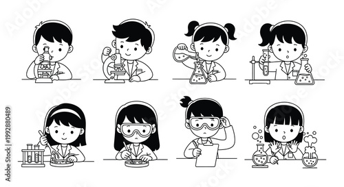 Diverse group of children engaged in various scientific experiments