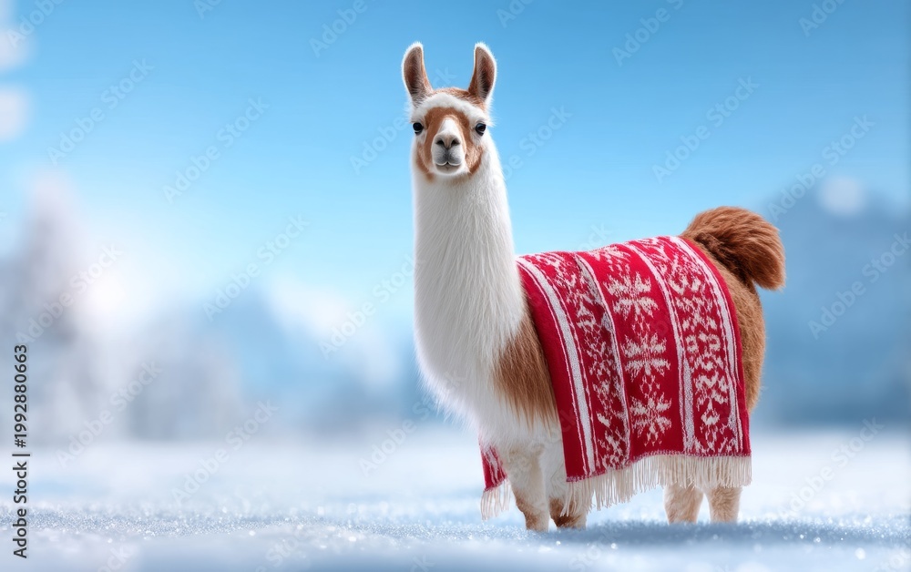 Fototapeta premium Llama Standing in Open Snowy Field with Warm Red Blanket and Scenic Background