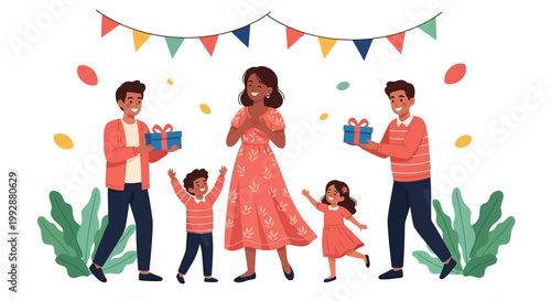 Family celebrating with gifts and festive bunting in a vector illustration, where a mother smiles as two fathers and children gather against a clean white backdrop with celebratory