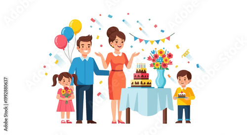 A happy cartoon family celebrates a birthday with a decorated cake and balloons, standing around a table covered with a blue tablecloth against a festive background with colorful confetti