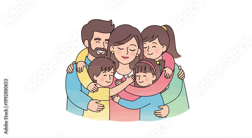 Cartoon illustration of a happy family of five embracing tightly against a white background, rendered with soft pastel colors and a cheerful, loving mood, showcasing unity and togetherness