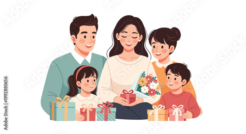 Illustration of a happy family gathered together around gifts, with the mother holding a red present, rendered in a flat, cartoon style with bright, pastel colors against a clean white