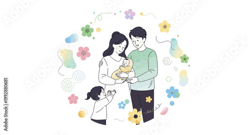 Stylized vector illustration of a young family with a newborn baby, the parents looking down lovingly, surrounded by a floral wreath on a clean white background conveying a gentle and happy
