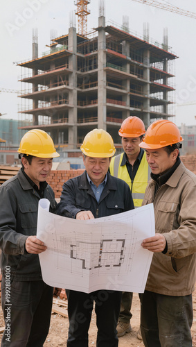 construction engineers and workers discussing architectural blueprints at building site, team of asian builders in hard hats reviewing floor plans, professional civil engineers